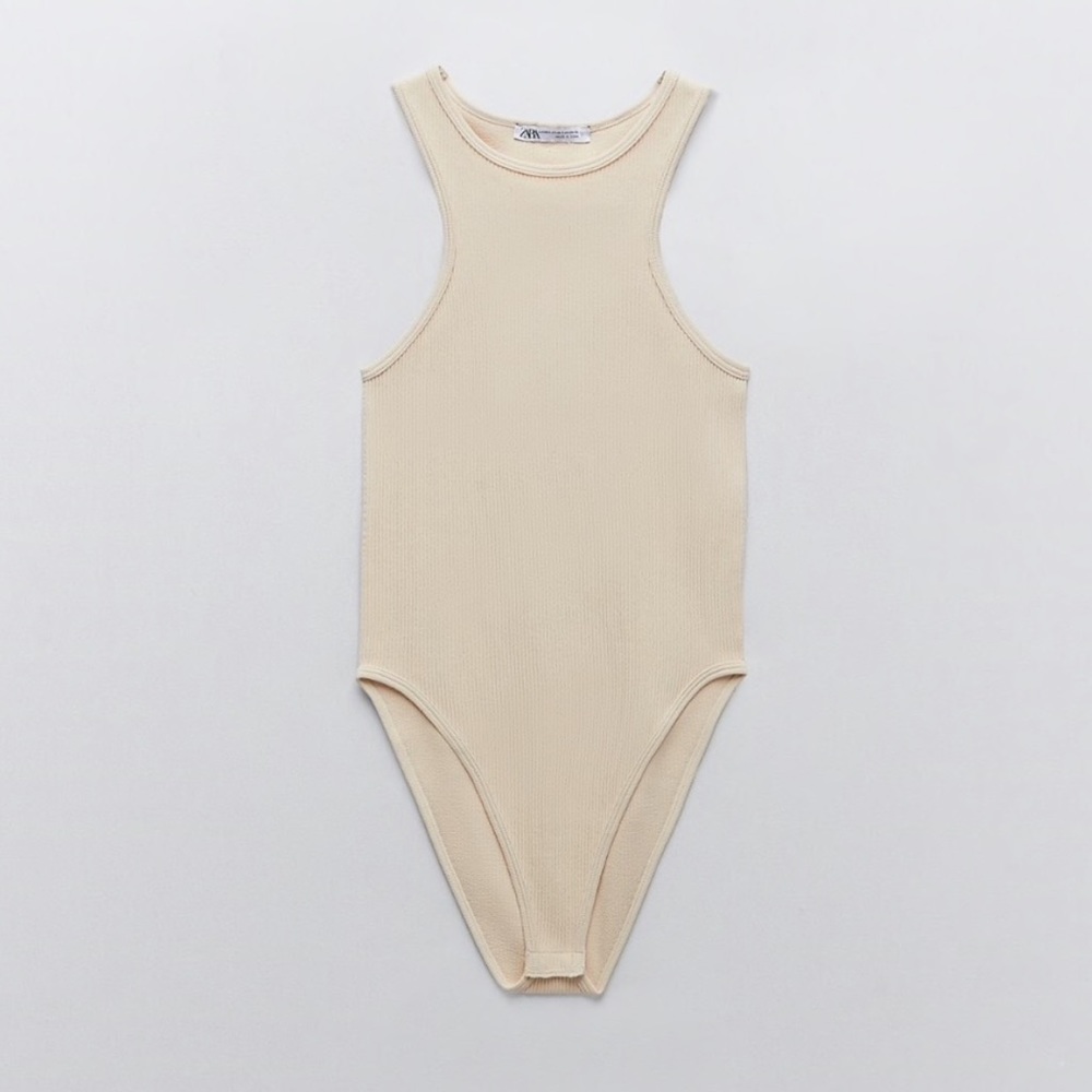 Zara Cream Ribbed Halter Bodysuit